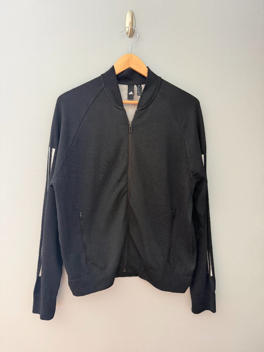 ADIDAS ID 3 Stripes Bomber Jacket Womens Knit Zip Up Black/White Size Large